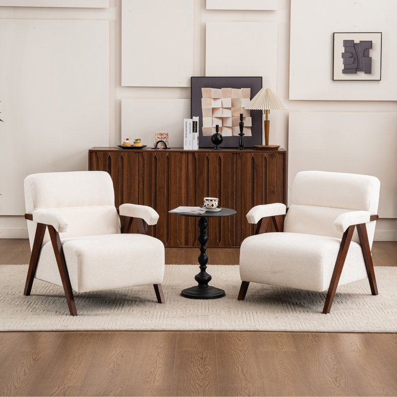 Chaise d'appoint rembourrée de style Mid-Century avec pieds en bois massif, Ivoire ivoire