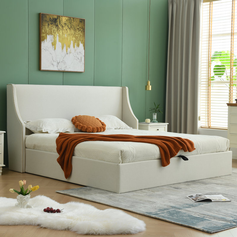 Lit plateforme tapissier avec rangement Linvel, Mélange de lin blanc, Très grand