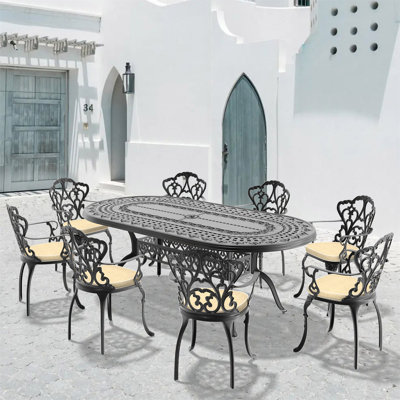 Ensemble de 9 meubles de patio en aluminium coulé avec cadre noir et coussins de siège blanc cassé (même référence: W1710S00108)
