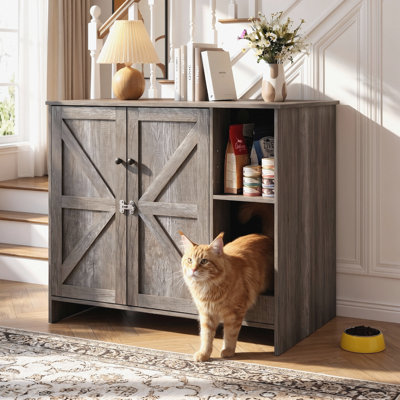 Meuble pour litière extra large de 104 cm avec prise électrique, rangement dissimulé et autonettoyant, style ferme, compatible avec les bacs à litière intelligents XL, résistant aux chiens