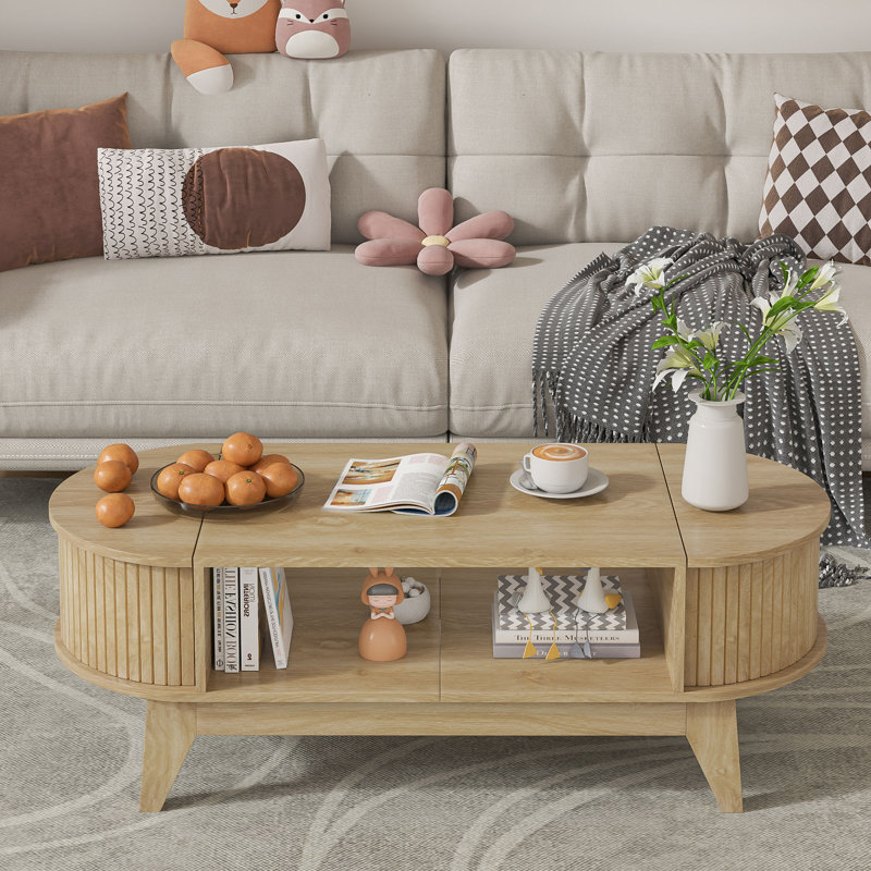46.45" Oval Shaped Coffee Table With Storage, Fluted Accent Table For Living Room, Wood