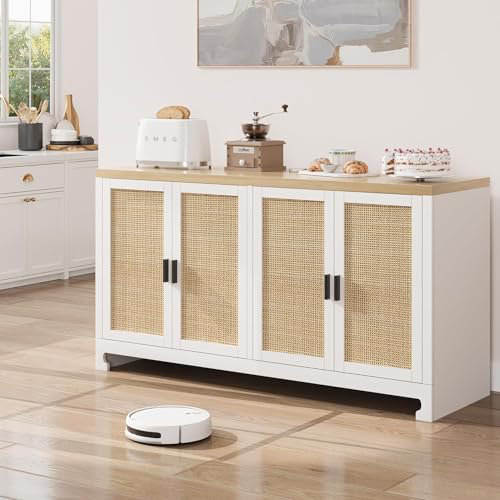 Buffet 60 "en rotin - Buffet de rangement de ferme avec 4 portes et tablettes réglables, console tissée, Blanc