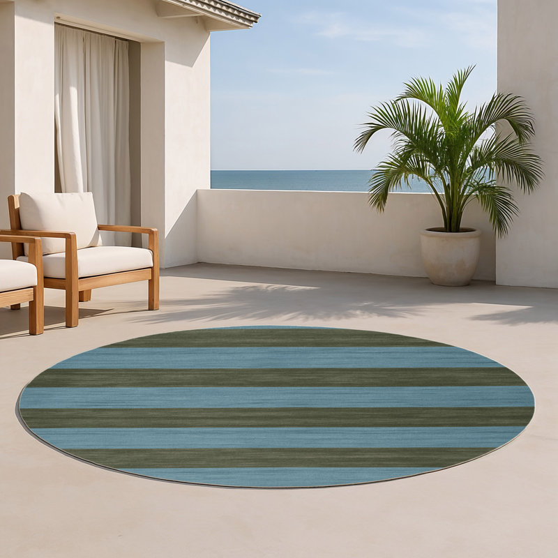 Tapis intérieur / extérieur bleu HorizontalStripes, Rond 5 pi