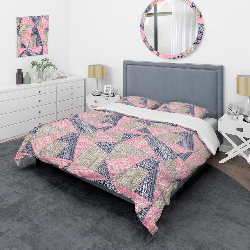 Ensemble de housse de couette à motif rose et bleu Patchwork, Housse de couette pour grand lit et 2 taies décor