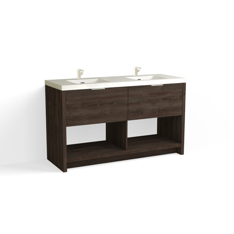 Vista 60" W Freestanding Double Bathroom Vanity, White Gloss, Single-Hole, White Nanomatte/Matte Black