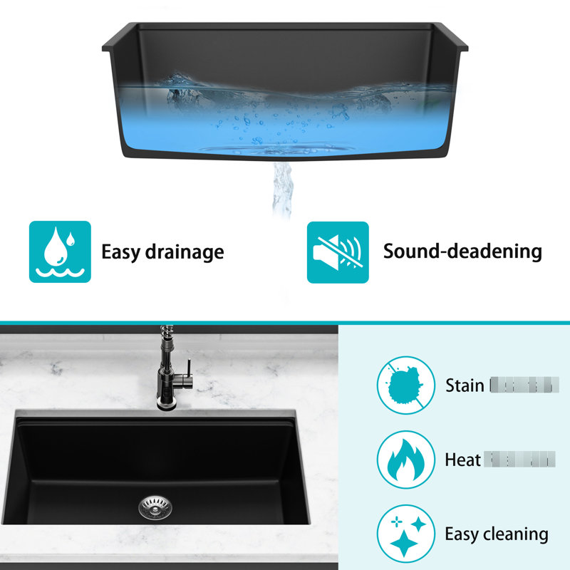 28 - Inch By 19 Black Quartz Workstation Undermount Kitchen Sink High End Material, Smooth Surface, Eliminates Vibration, With Drying Roll Up Rack And Bottom Grid Black, 28" X 19", Composite,