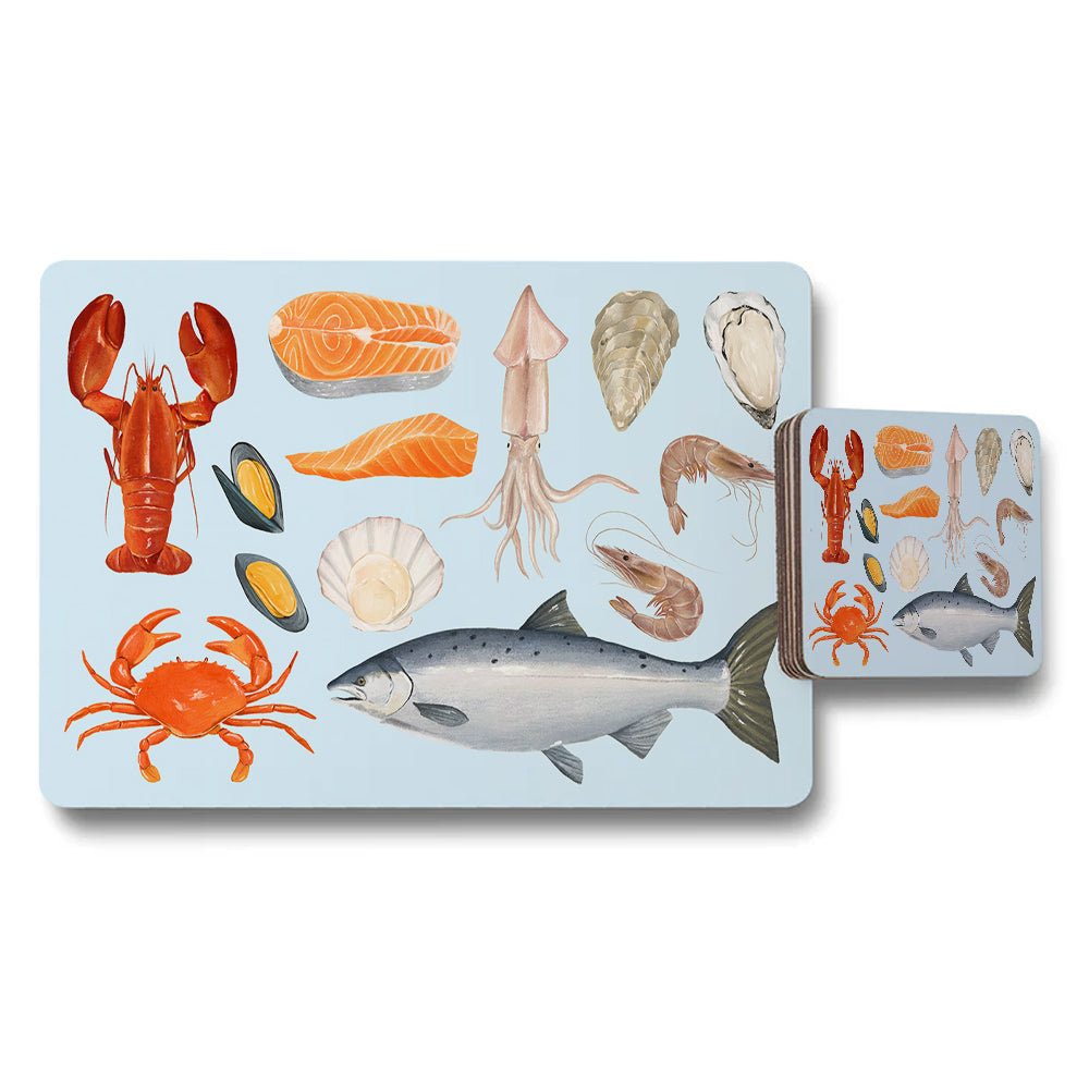 Seafood Themed Placemat And Coaster Set With Ocean Life Design