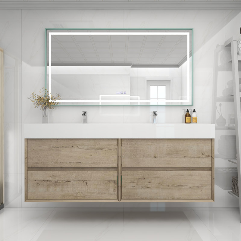 72" Wall Mounted Double Bathroom Vanity, White Oak