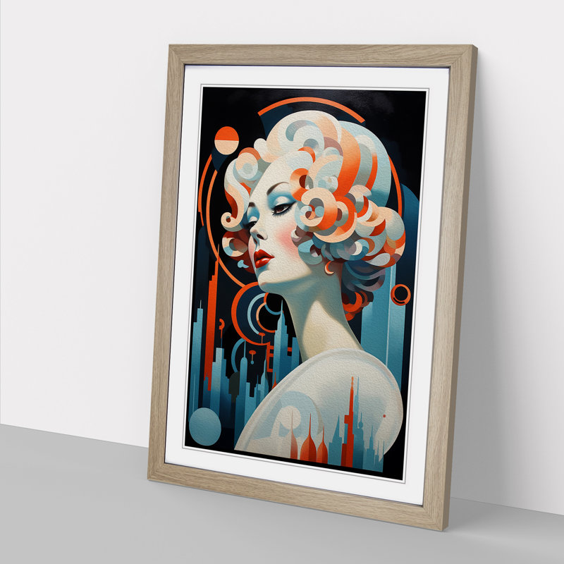 Woman with Curls Art Deco Art - Framed Print, Oak, 34cm H x 25cm W x 2cm D