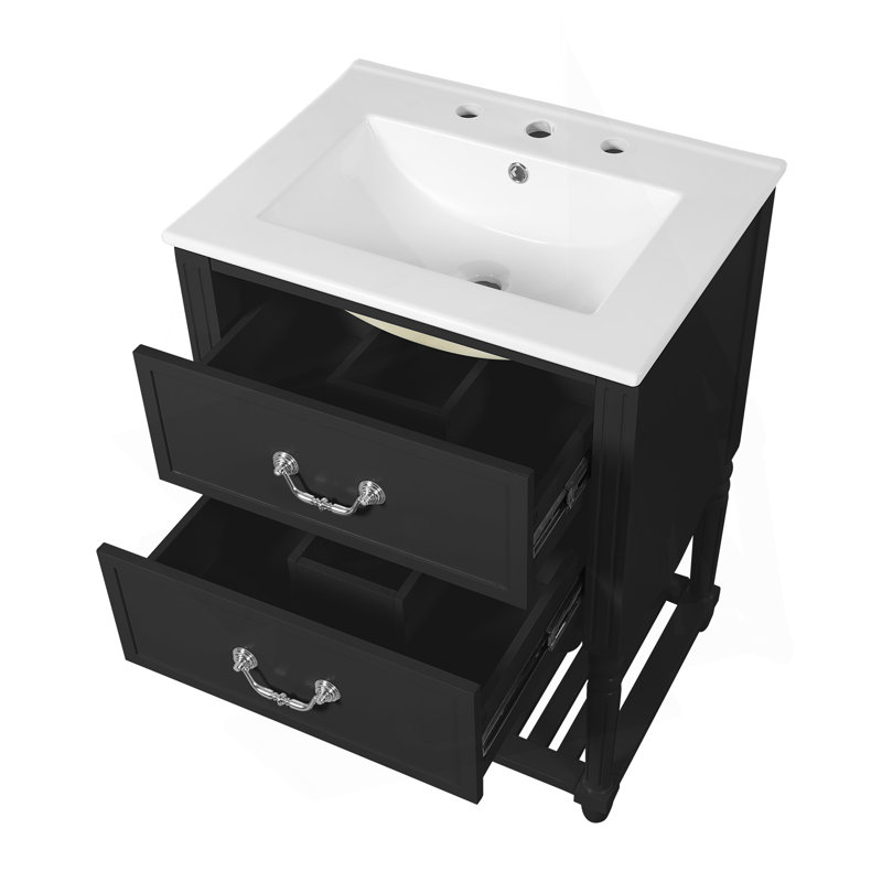 24'' Bathroom Vanity With Ceramic Sink, Bathroom Cabinet With Two Soft-Close Drawers And An Open Shelf, Vintage Elegant Wave Design