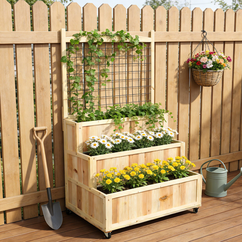 53" H 3-Tier Shelved Solid Wood Potting Benche with Wheels and Rear Storage