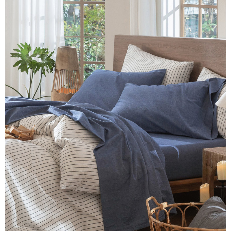 Ensemble de draps MooMee, Bleu denim, Ensemble de draps pour grand lit avec 2 taies d'or