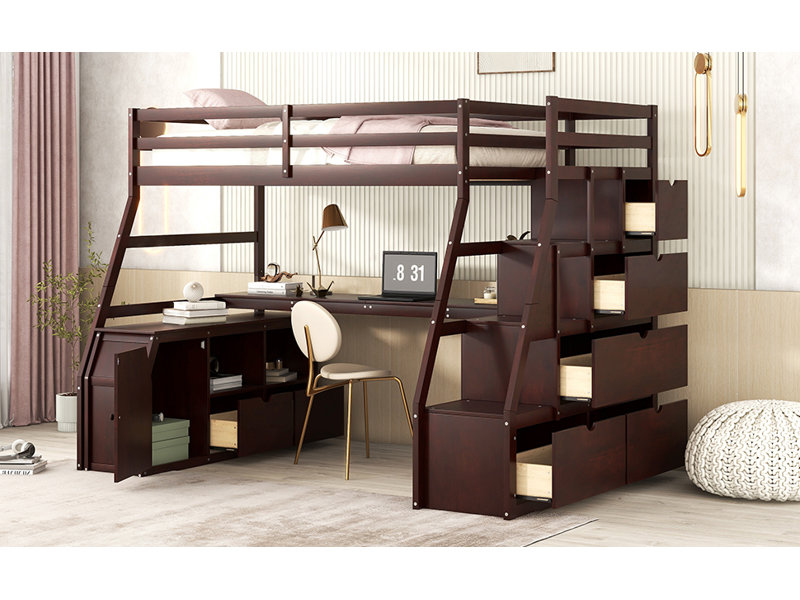 Lit mezzanine simple avec 7 tiroirs, 2 tablettes et bureau - Espresso