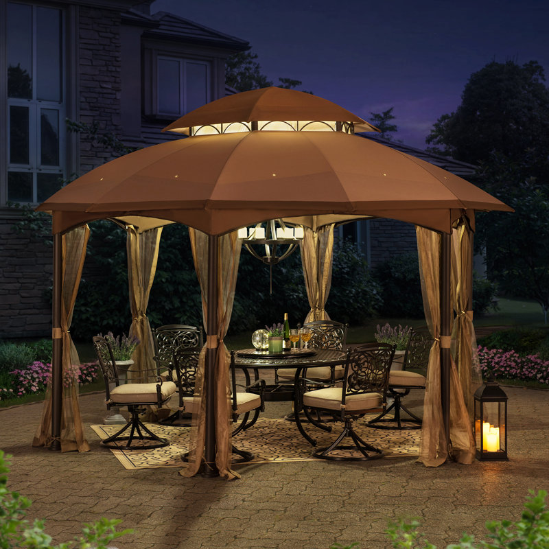 Sunjoy 13.5 ft. x 13.5 ft. Brown Steel Gazebo with 2-tier Tan and Brown Dome Canopy