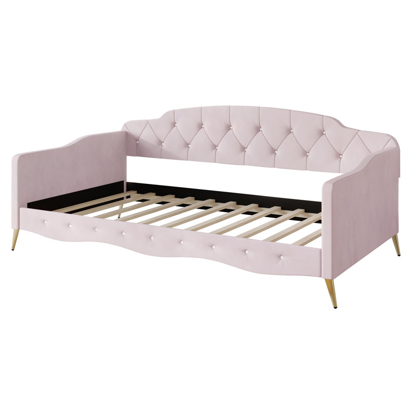 Lit de jour simple en velours Arwilla, Velours rose clair