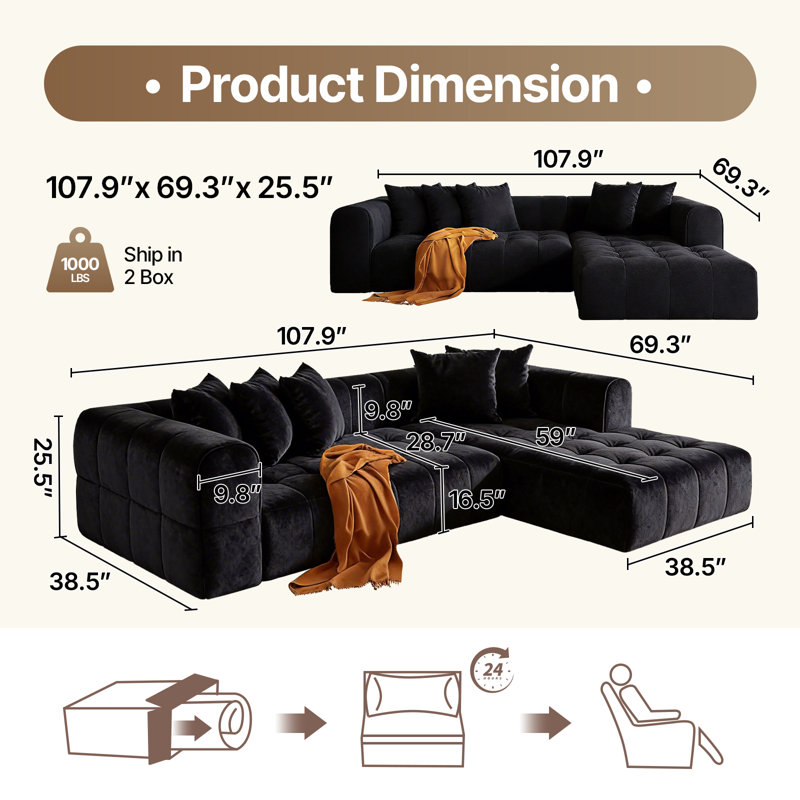 107.9" L Shaped Convertible Modular Couch, Cloud Couch Sectional With Ottoman, Right Hand Facing, Black