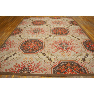 Tapis unique en laine noué à la main orange / brun / beige 9 pi x 12 pi Needlpoint