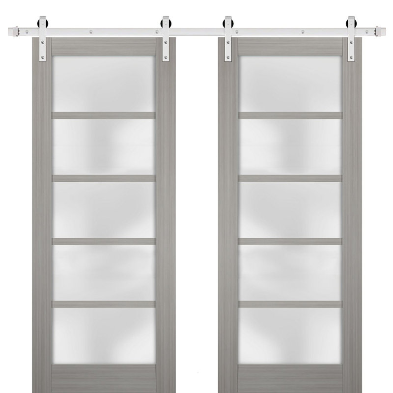 Portes de grange en verre givré Quadro avec trousse de quincaillerie d'installation, Acier Inoxydable, Bois de frêne gris