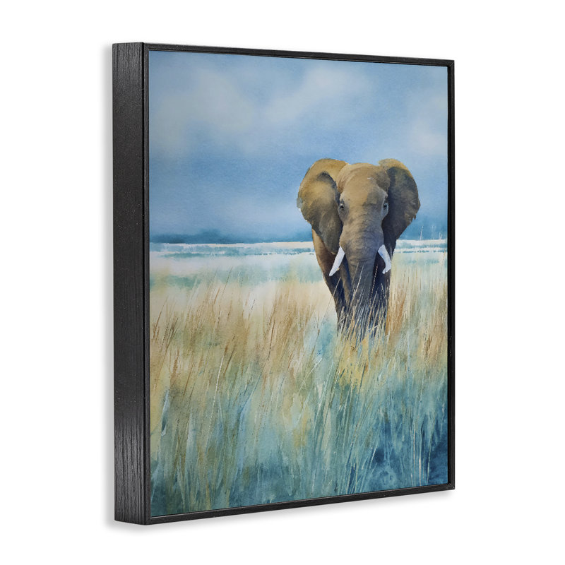 Blue Grass Elephant, estampe numérique, design par Franklyn Gregory, 14 x 11, Giclée noire de minuit encadrée