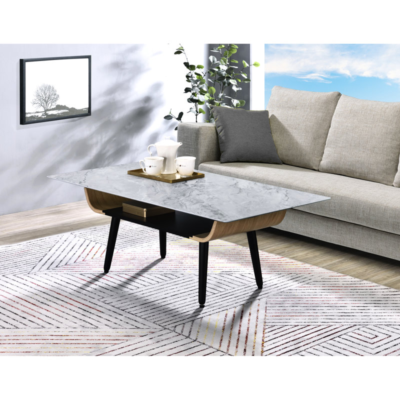 Table basse en verre gris à texture de marbre, 47 po, pieds en bois massif et en bois noir, tablette de rangement