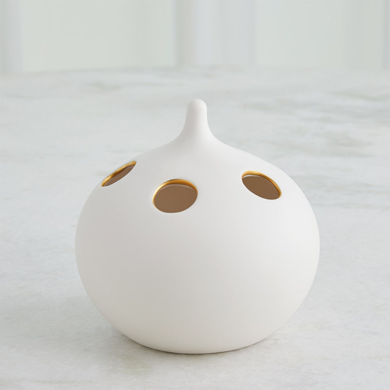 Oh No Handmade Earthenware Table Vase, Matte White/Gold, 4" H x 4" W x 4" D