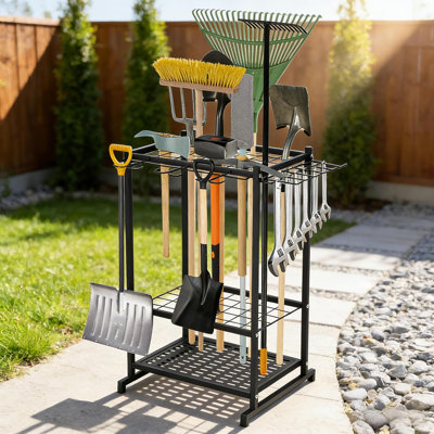 3 Tier Garden Tool Organizer Shed Organizer with Hooks, Garden Tool Holder 35 Long-Handled Tools, Yard Gardening Tools Storage Rack for Outdoor Backyard Deck