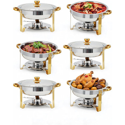 ROYGROW High-quality 5QT Round Gold Stainless Steel Chafing Dish Buffet Set – Food Warmer with Lid & Water Pan – Professional Catering Server for Parties, Weddings, Banquets – 6 Pack (6pcs)