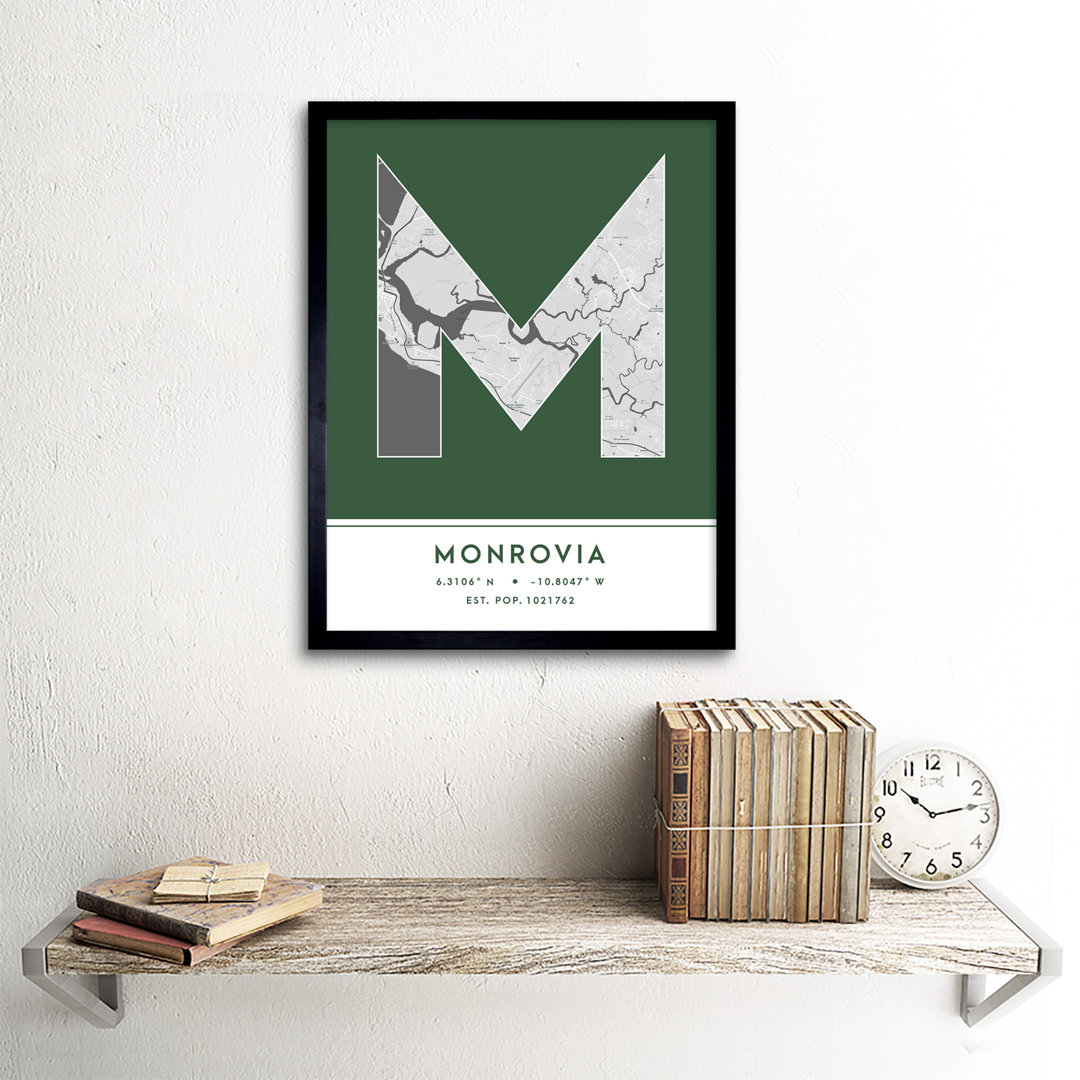 Monrovia City Map Monrovia Green by Wee Blue Coo - Single Picture Frame Typography