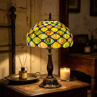 Tiffany Table Lamp With Gradient Green Stained Glass And Blue Beads, Handcrafted Artisan Desk Or Bedside Light For Living Room, Bedroom, Or Home Office Decor