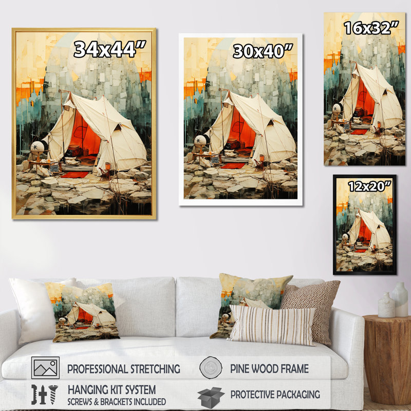 Minimalisme, camping, voyage, collage, camping, art mural, salon, Toile tendue, H 20 po x l 12 po x P 1 po