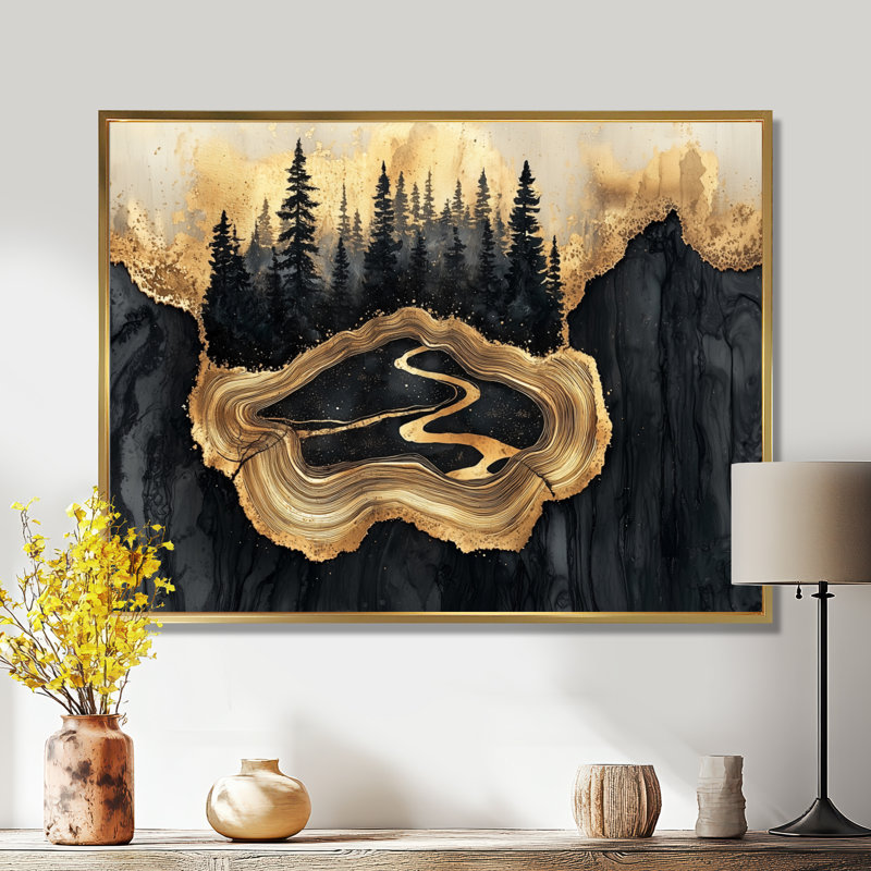 Forêt, rivière, onyx noir cristal IV - forêt, art mural sur toile, H 30 po x l 40 po, Cadre flottant, Doré