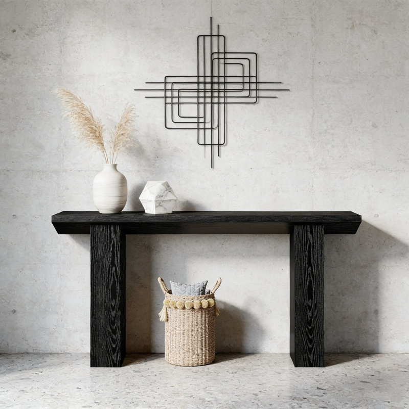 63-Inch Industrial Farmhouse Console Table with Dual-Tier Storage and Inverted Triangle Design for Entryway or Behind Sofa Use.