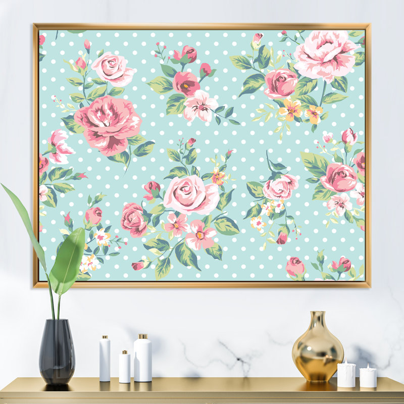 Roses roses rétro sur fond bleu clair - reproduction sur toile, H 16 po x l 32 po, Cadre flottant doré