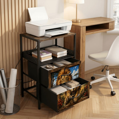 Table de chevet 2 tiroirs avec station de charge, table de chevet pour chambre avec ports USB et amp; Outlets, tablette ouverte noire, table de chevet avec impression féroce de feuillage de lion d'Afrique