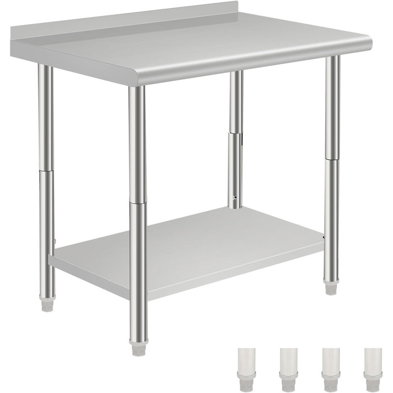 Stainless Steel Work Table, Commercial Kitchen Prep Work Table with Hooks & Adjustable Under Shelf, Heavy Duty Metal Utility Table for Restaurant, Garage and Hotel