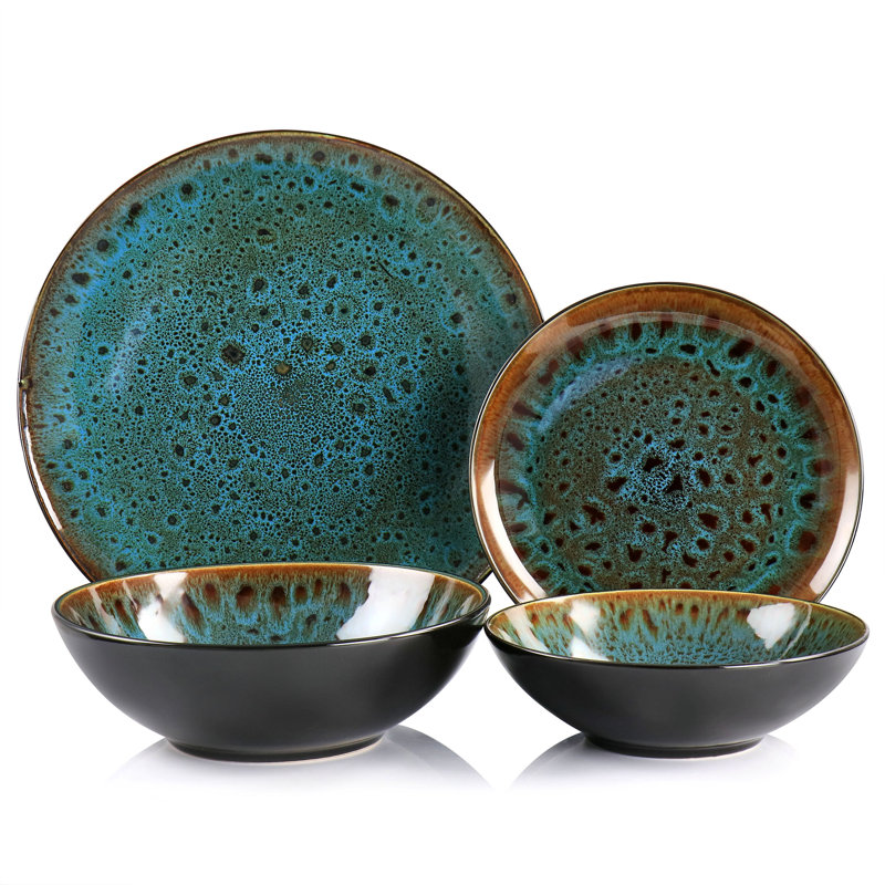 Kyoto Teal and Bronze Reactive Glaze Ceramic Dinnerware Set, Service for 4