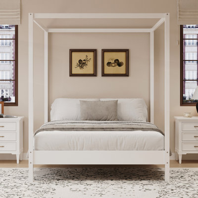 Solid Wood Queen Size Canopy Bed Frame With Four Poster Design, Slats Support, And No Box Spring Needed, Natural
