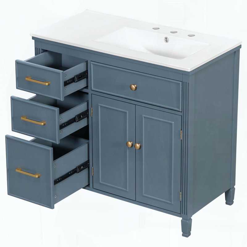 Meuble-lavabo autoportant avec lavabo en céramique, tiroir basculant, 3 tiroirs latéraux et tablette réglable