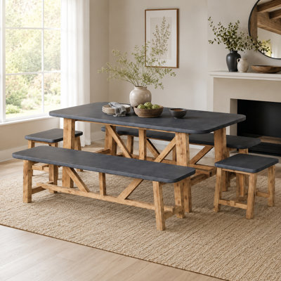 Table de salle à manger en fibre de béton 70,9 po avec 2 bancs et 2 tabourets sans dossier avec base en bois d'acacia