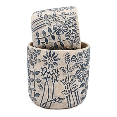 S/2 Gray Sand and Cement Planters with Blue Floral Motif, L:D7x6.7" S:D5.5x5"