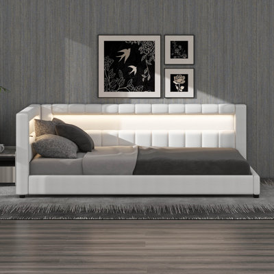 Upholstered Daybed With Storage, L-Shaped Daybed With LED Belt And USB Ports