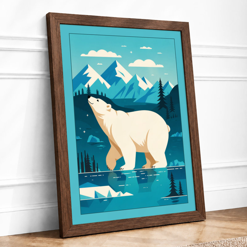 Polar Bear in Arctic Waters Minimalist - Framed Print, A2 - 59.4 x 42.0 cm, Walnut