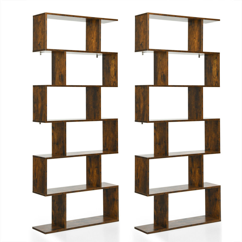 75''H X 31.5''W 2 PCS 6 Tier S-Shaped Bookshelf Storage Display Bookcase Decor Z-Shelf, Coffee