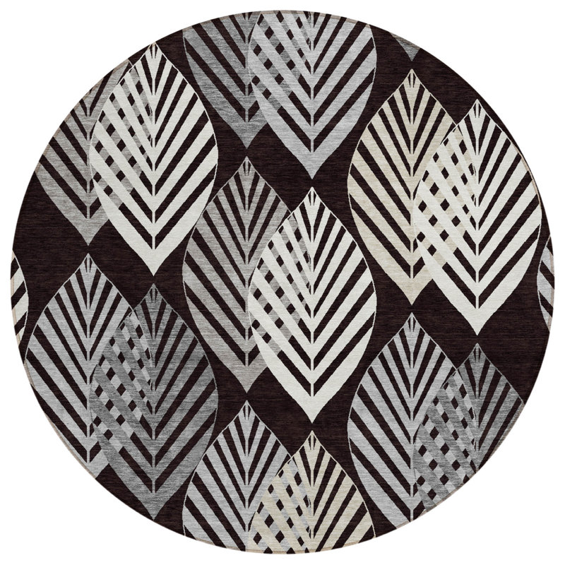 Tapis extérieur rond lavable floral noir et gris 8 pi