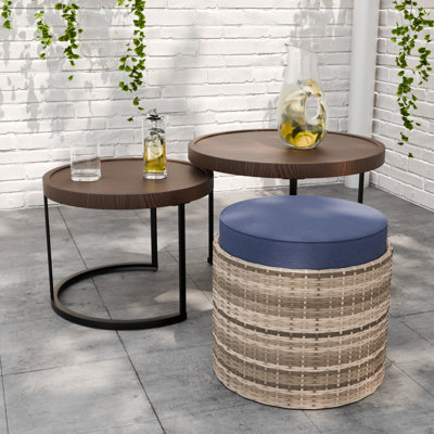 22.8 in. Round Wood Top Nesting Coffee Tables and Ottoman with Beige Cushion by 17 Stories