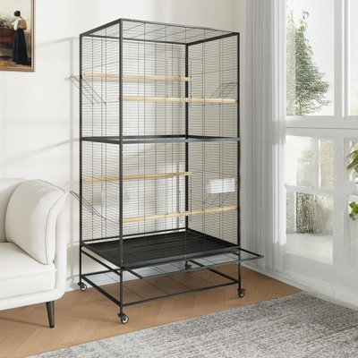 66 Inch Large Bird Cage, Metal Bird Cage with Rolling Stands, Feed Bowls, Wide Parrot Cage for Parakeets, Conures, Cockatiel, Cockatoo, Black