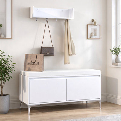 Entryway Bench With Storage,Wall-Mounted Entryway Shelf With Hooks And Storage Bench Set,Farmhouse Shoe Bench For Living Bedroom,White