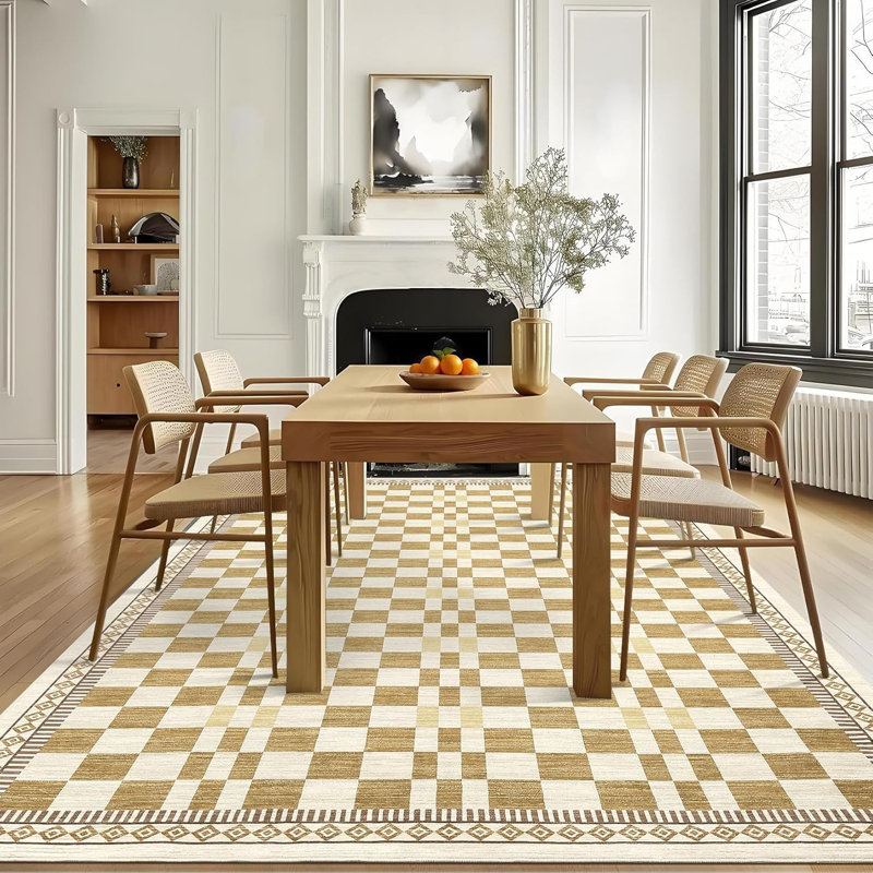 2x6 Washable Runner Rug for Kitchen, Bathroom, Non-Slip, Low Pile, Stain-Resistant, Abstract Checkered Carpet, Entryway, Laundry, Yellow.