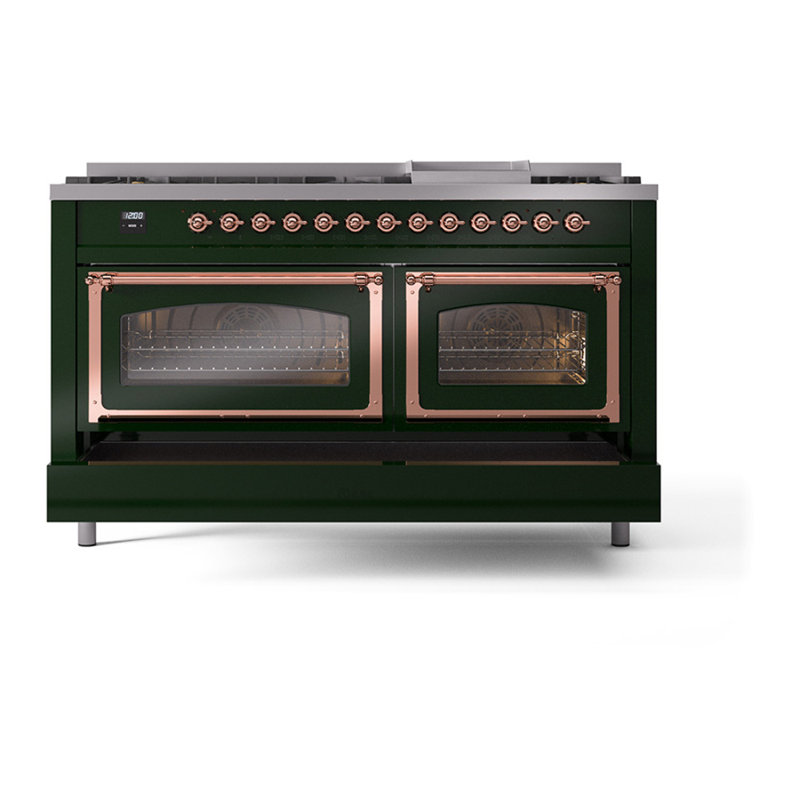 ILVE Nostalgie II Noblesse 60 po à deux brûleurs, 9 brûleurs, plaque chauffante, Propane liquide, Vert émeraude / cuivre