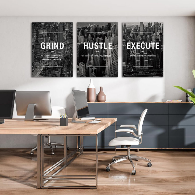 Set Of 3 Motivational Wall Art Canvas For Office Workplace Garage Gym Living Room Bedroom Grind Hustle Execute Black And White Wall Decor Inspirational Quotes Posters For Paintings(Framed,12X16)